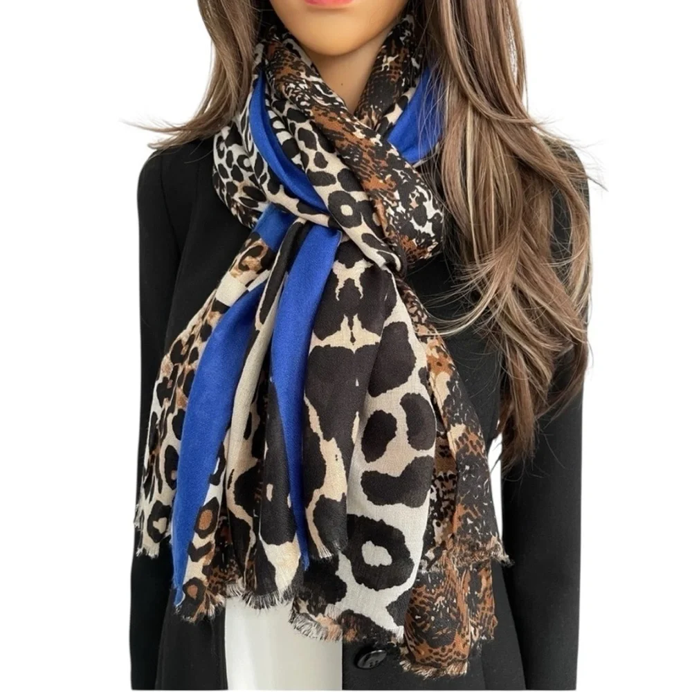 Leopard Print Scarf with Blue Stripe